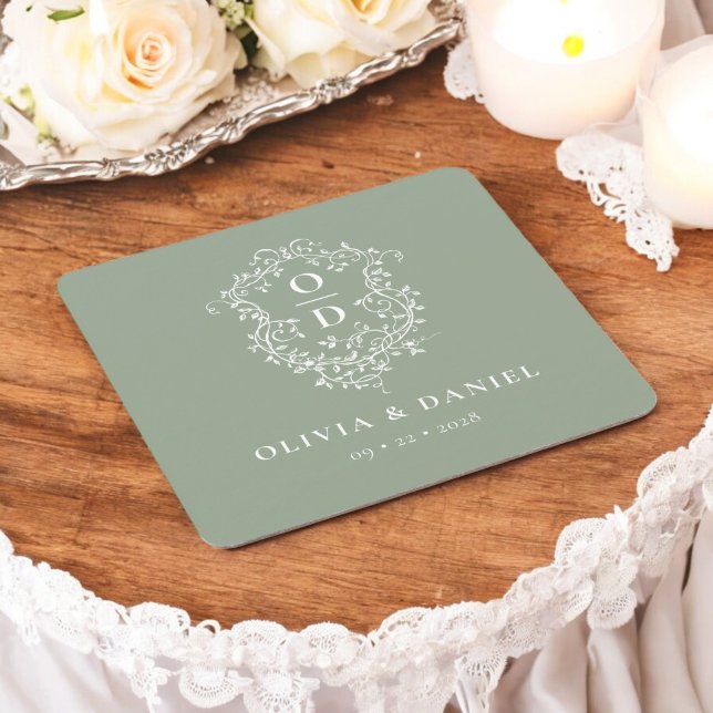 Sage Green Floral Monogram Wedding Crest Modern Square Paper Coaster (Creator Uploaded)