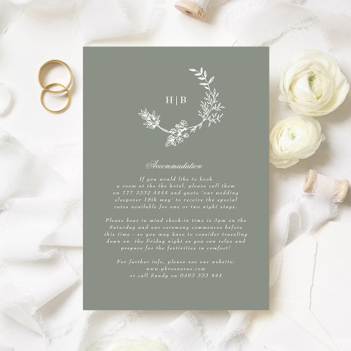 Sage Green Floral Monogram Wreath Wedding Details Enclosure Card