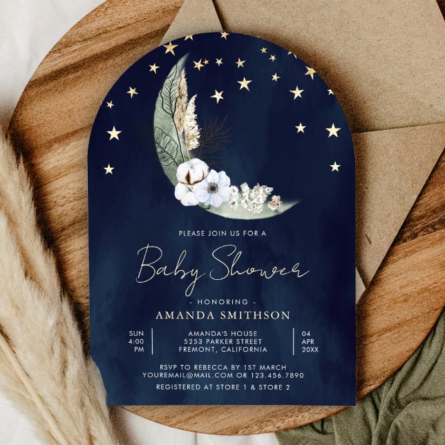 Sage Green Floral Moon Navy Blue Arch Baby Shower Invitation (Creator Uploaded)