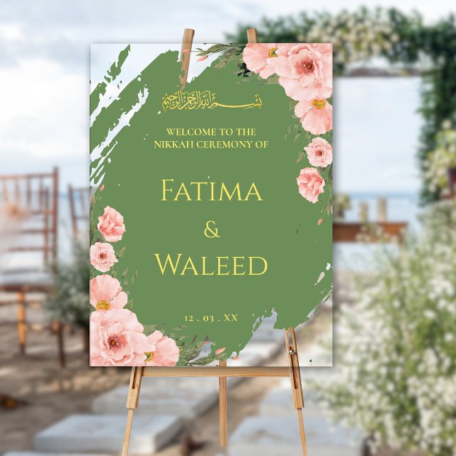 Sage Green Floral Muslim Nikkah Welcome Sign (Creator Uploaded)