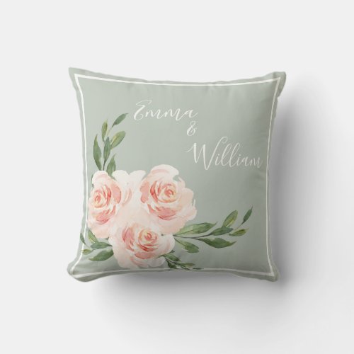 Sage Green Floral Names Wedding Throw Pillow