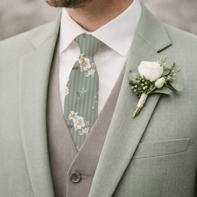 Sage Green Floral Necktie for Wedding (Creator Uploaded)