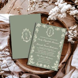 Sage Green Floral Old Money Monogram Crest Wedding Invitation