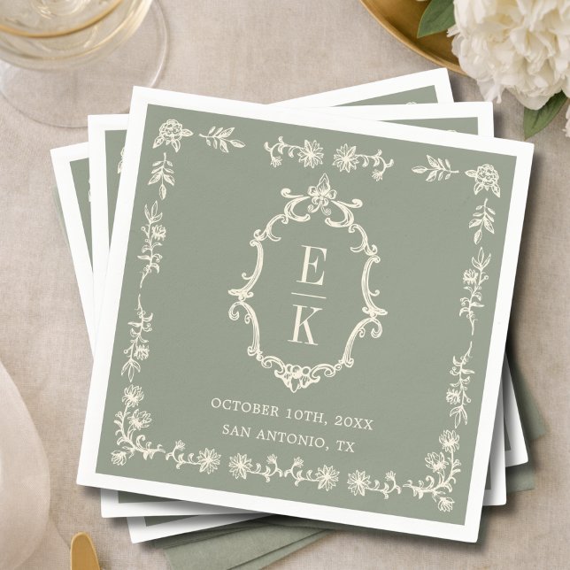 Sage Green Floral Old Money Monogram Crest Wedding Napkins (Creator Uploaded)