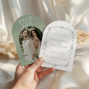 Sage Green Floral Old Money Photo Arched Wedding Save The Date
