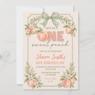 Sage Green Floral One Sweet Peach First Birthday Invitation