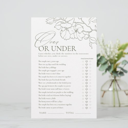 Sage Green floral Over or Under bridal shower game