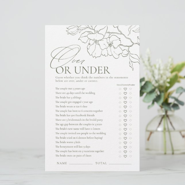 Sage Green floral Over or Under bridal shower game (Standing Front)