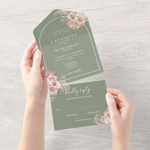 Sage Green Floral Pampas Grass Arch Wedding   All In One Invitation