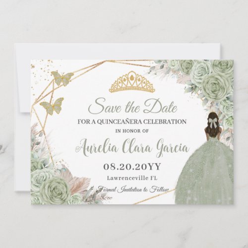 Sage Green Floral Pampas Grass Quinceanera Gold Save The Date