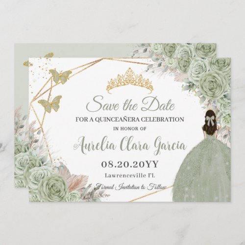 Sage Green Floral Pampas Grass Quinceanera Gold Save The Date