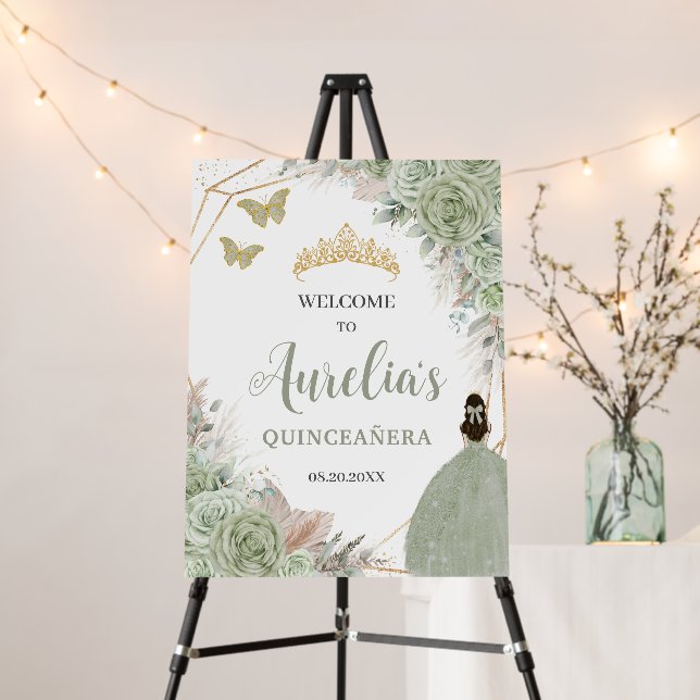 Sage Green Floral Pampas Grass Quinceañera Welcome Foam Board (In Situ (Stand))