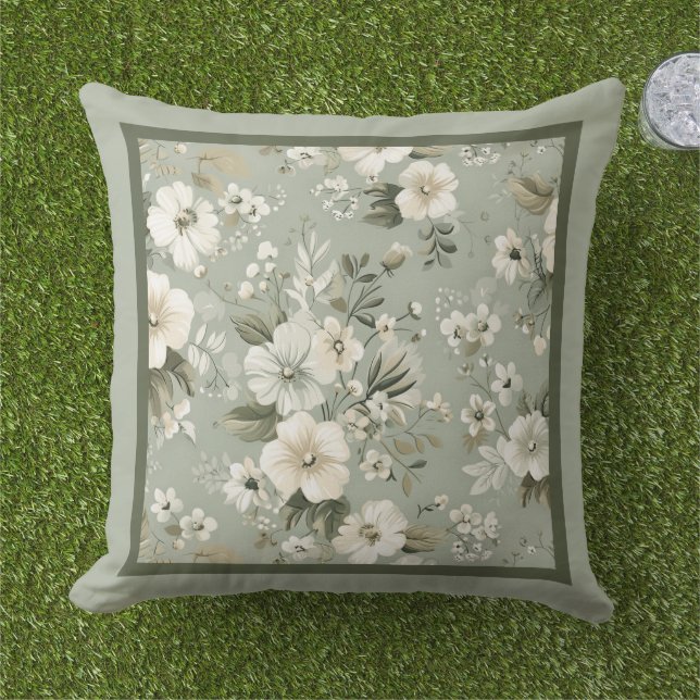 Sage green floral pattern outdoor pillow (Grass)