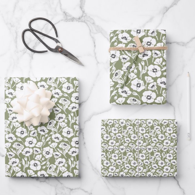 Sage Green Floral Pattern Wrapping Paper Sheets (Front)