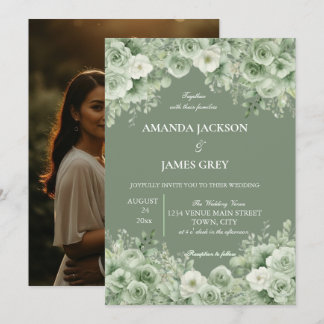 Sage Green Floral Photo Back Wedding Invitation