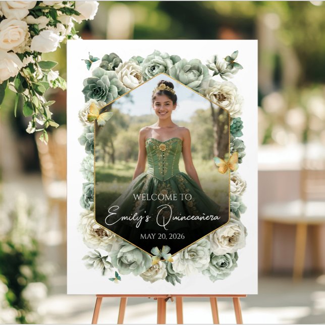 Sage Green Floral Photo Quinceañera Welcome Sign (Creator Uploaded)