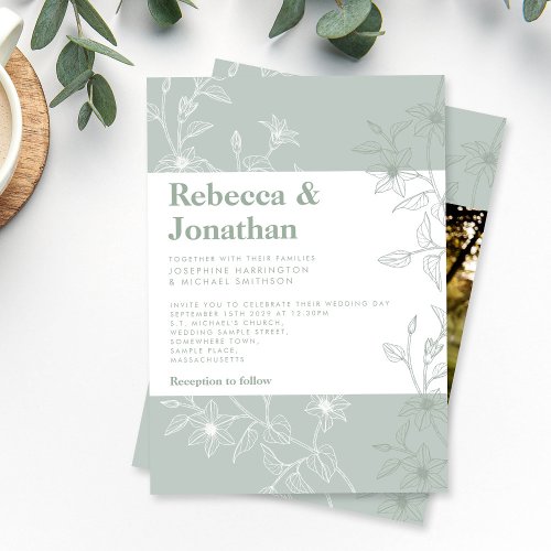 Sage Green Floral Photo Wedding Invitation Card