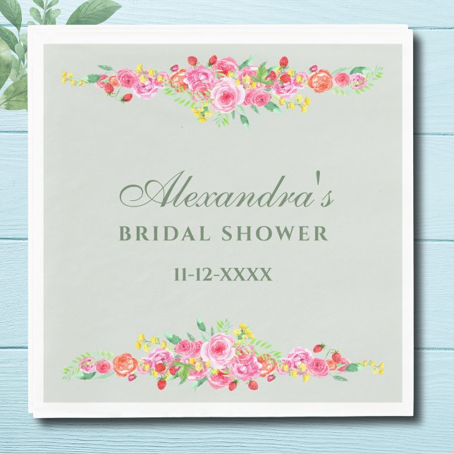 Sage Green Floral Pink Peony Bridal Shower Napkins (Creator Uploaded)
