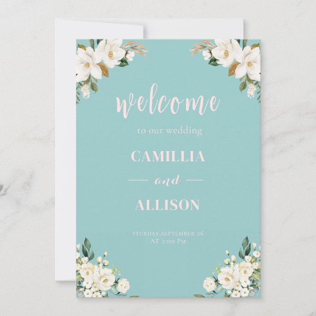 Sage Green Floral pink Wedding Welcome Sign Invitation (Front)