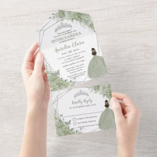 Sage Green Floral Princess 15 Silver Quinceanera All In One Invitation