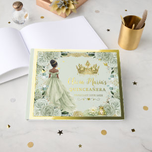 Sage Green Floral Princess and Frog Quinceanera Foil Guest Book