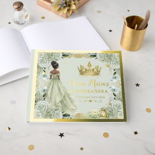 Sage Green Floral Princess and Frog Quinceanera Foil Guest Book