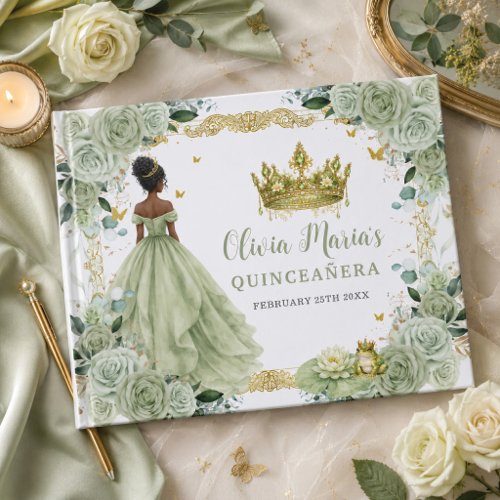 Sage Green Floral Princess and Frog Quinceanera Guest Book