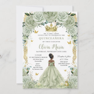 Sage Green Floral Princess and Frog Quinceañera  Invitation