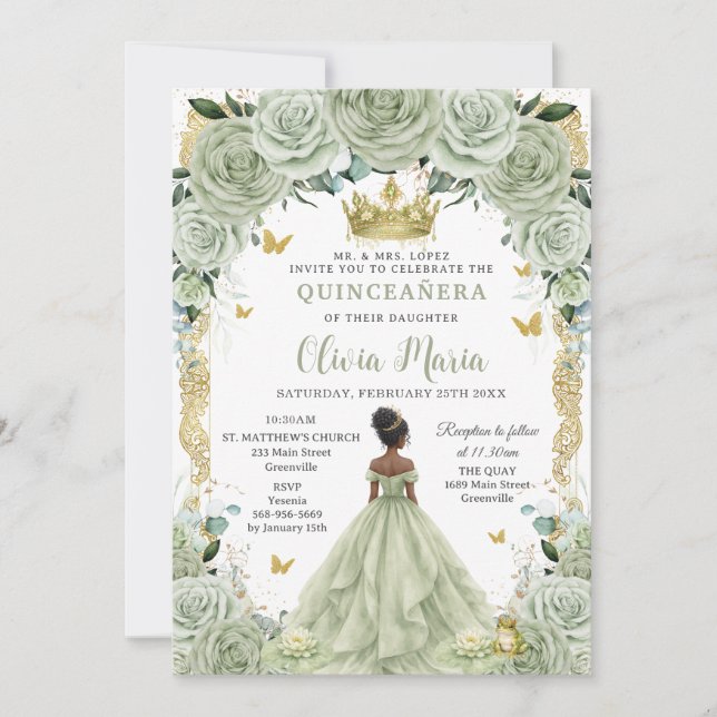 Sage Green Floral Princess and Frog Quinceañera  Invitation (Front)