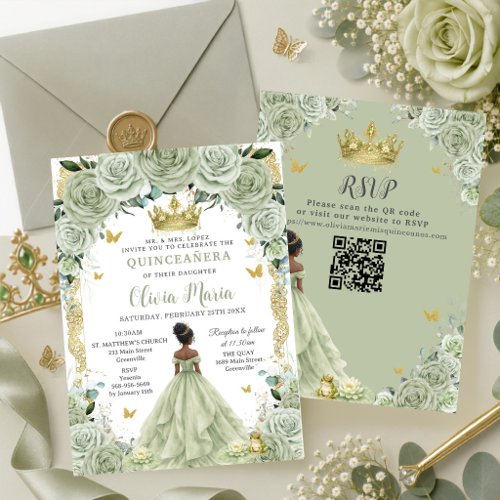 Sage Green Floral Princess and Frog Quinceañera QR Invitation