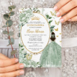 Sage Green Floral Princess Dress Gold Quinceañera Invitation<br><div class="desc">Personalize this pretty sage green floral Quinceañera / Sweet 16 birthday invitation easily and quickly. Simply click the customize it further button to edit the texts, change fonts and fonts colors. Featuring a girl dressed in a beautiful sage green ball gown, soft watercolor sage green flowers, butterflies and a gold...</div>