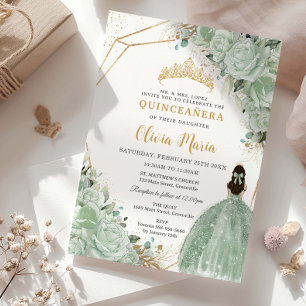 Sage Green Floral Princess Dress Gold Quinceañera  Invitation