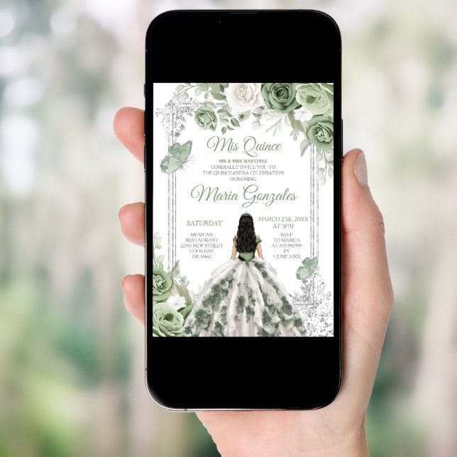 Sage Green Floral Princess Dress Silver Mis Quince Invitation (Front Digital)