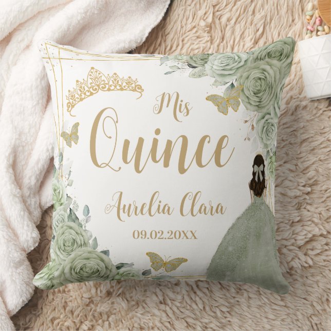 Sage Green Floral Princess Gold Quinceañera  Throw Pillow (Blanket)