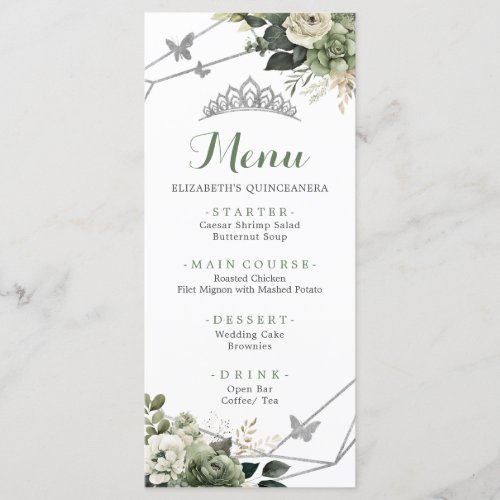 Sage Green Floral Princess Quinceaera 15th Menu