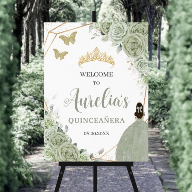 Sage Green Floral Princess Quinceañera Welcome Foam Board (Creator Uploaded)