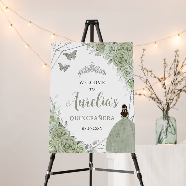 Sage Green Floral Princess Quinceañera XV Welcome Foam Board (In Situ (Stand))