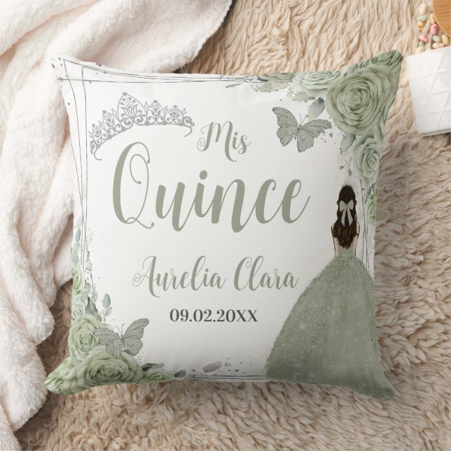 Sage Green Floral Princess Silver 15 Quinceañera Throw Pillow (Blanket)