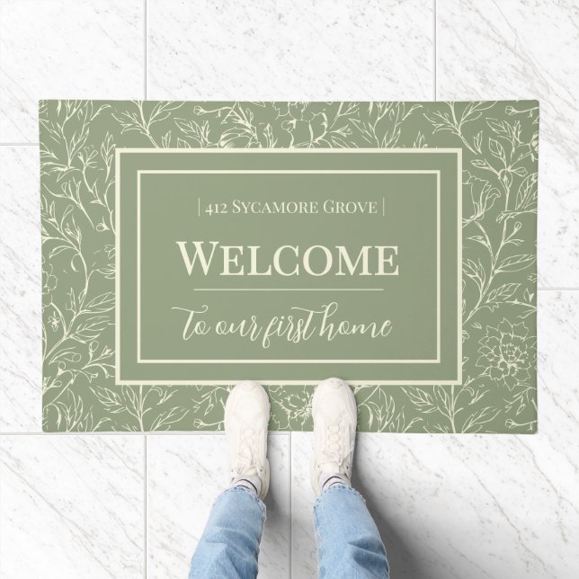 Sage Green Floral Print Doormat (Indoor)