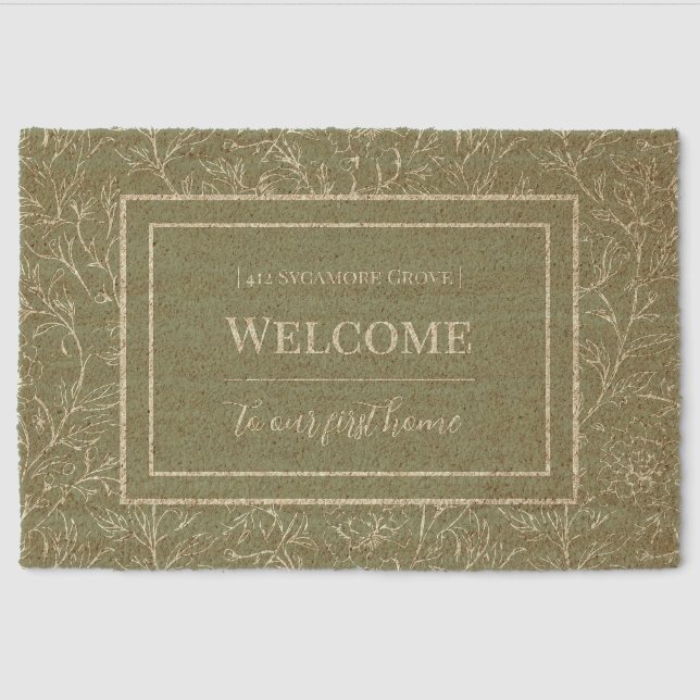 Sage Green Floral Print Fiber Doormat (Front)