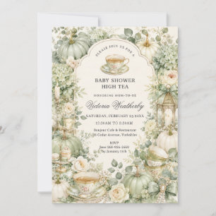 Sage Green Floral Pumpkin Tea Party Baby Shower  Invitation