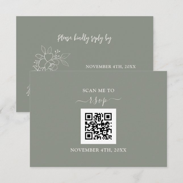 Sage Green Floral QR Code Add your URL Wedding   RSVP Card (Front/Back)