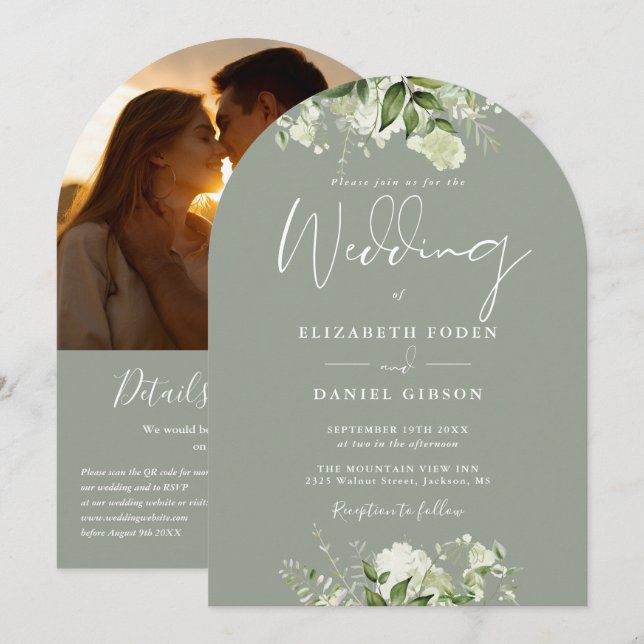 Sage Green Floral QR Code Photo Arch Wedding Invitation (Front/Back)