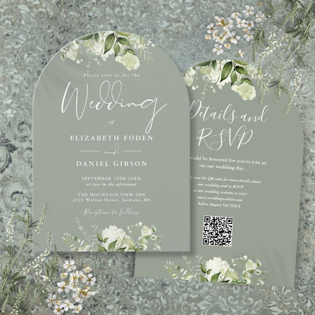 Sage Green Floral QR Code Wedding Arch Invitation (Sage Green Floral QR Code Wedding Arch Invitation)