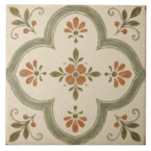 Sage Green Floral Quatrefoil Mediterranean Ceramic Tile