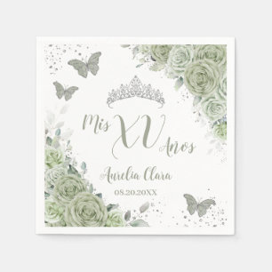 Sage Green Floral Quinceanera Birthday Butterflies Napkins