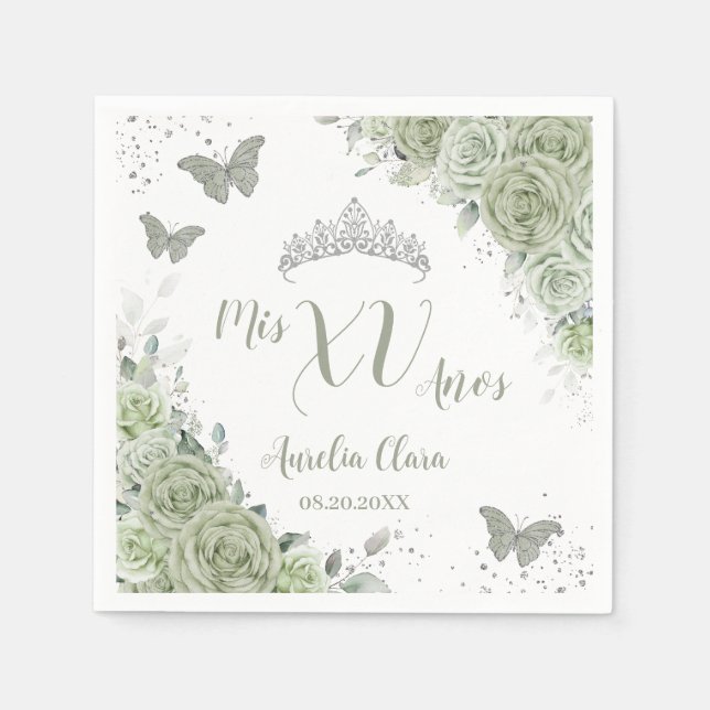 Sage Green Floral Quinceanera Birthday Butterflies Napkins (Front)