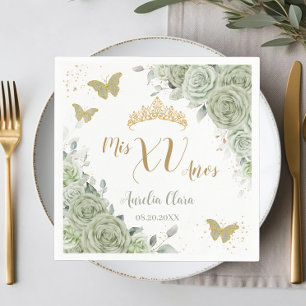 Sage Green Floral Quinceanera Birthday Butterflies Napkins