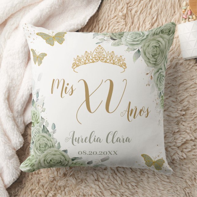 Sage Green Floral Quinceanera Birthday Butterflies Throw Pillow (Blanket)