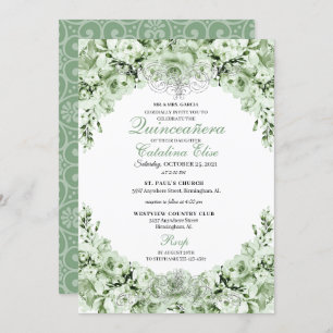 Sage Green Floral Quinceanera Birthday Invitation